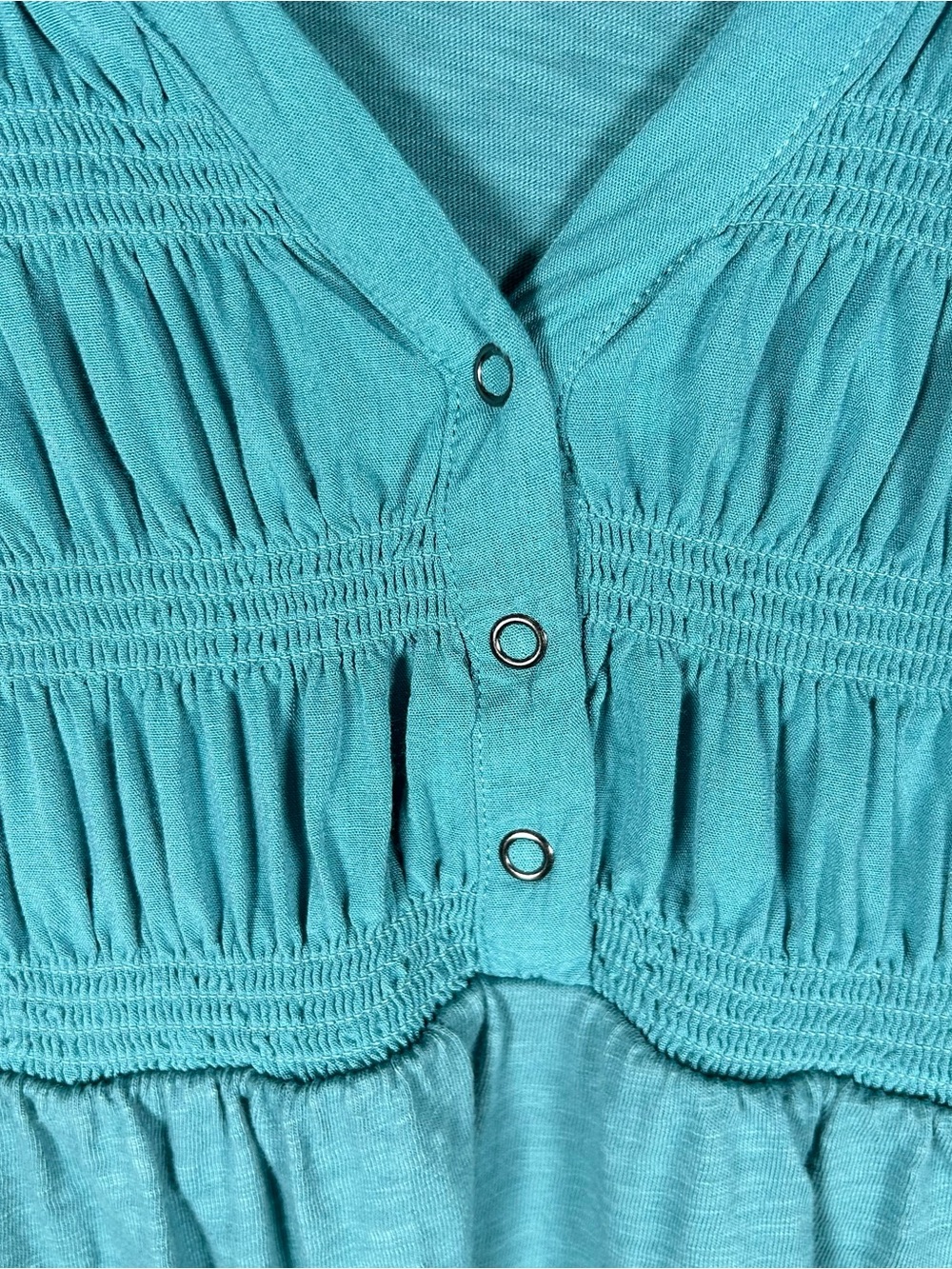 True Craft Smocked Babydoll Top Teal Snap Front Medium - Picture 4 of 7